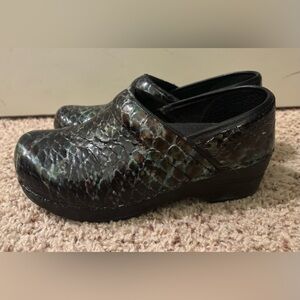 Danita Leather Snake Print Clogs, Blue/Green/Black, Size 36